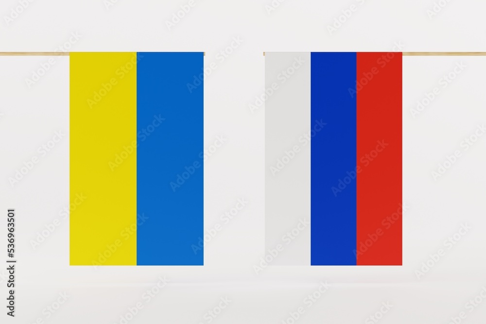 The flag of Ukraine and Russia side by side. The concept of Russian-Ukrainian talks. Russia's war. 3d render, 3d illustration. The flag of Ukraine and Russia side by side. The concept of Russian-Ukrainian talks. Russia's war. 3d render, 3d illustration.