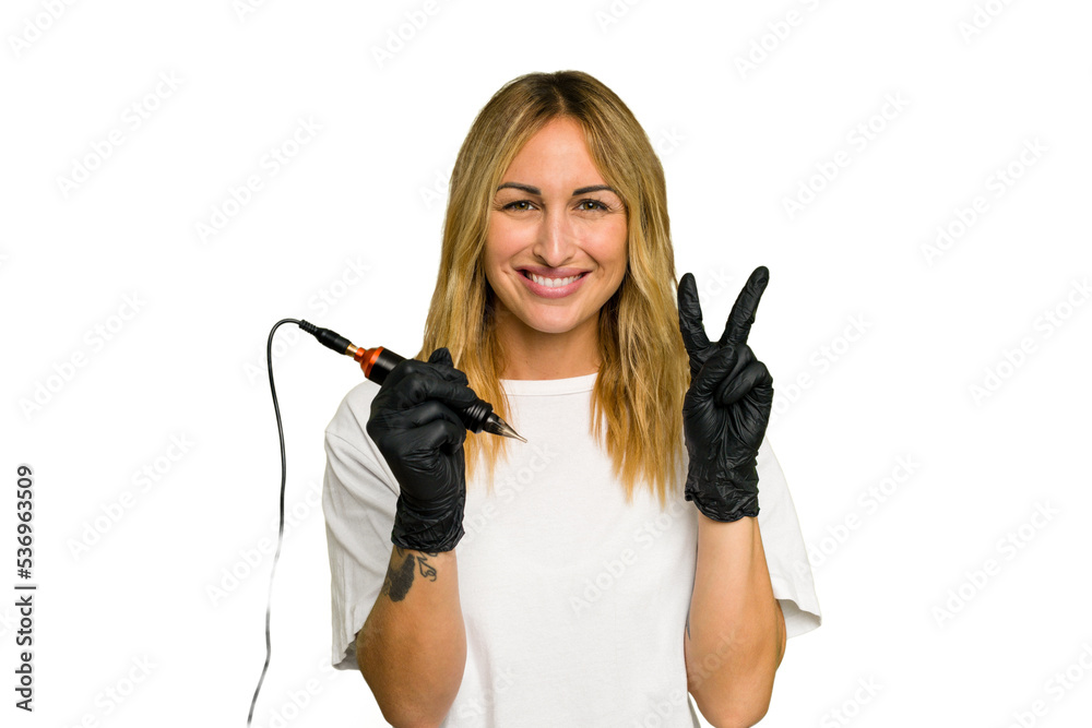 Tattoo artist caucasian woman isolated on green chroma background showing number two with fingers. Tattoo artist caucasian woman isolated on green chroma background showing number two with fingers.
