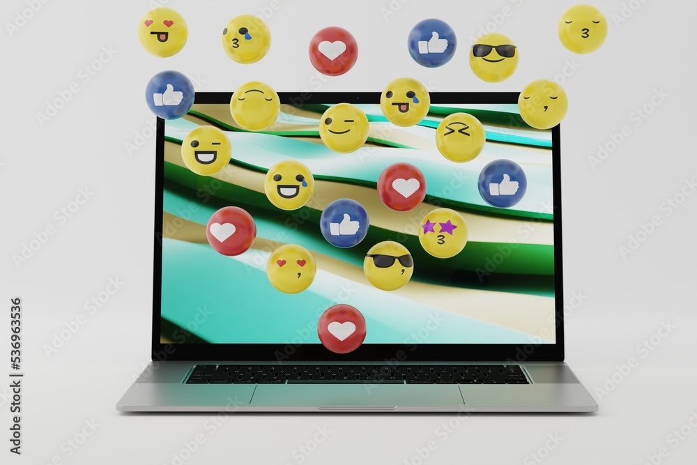 Emoticons coming out of the computer, laptop. Social media concept, using emoticons among internet users. Emoji in use. Various facial expressions and emoticons. 3D render, 3D illustration. Emoticons coming out of the computer, laptop. Social media concept, using emoticons among internet users. Emoji in use. Various facial expressions and emoticons. 3D render, 3D illustration.