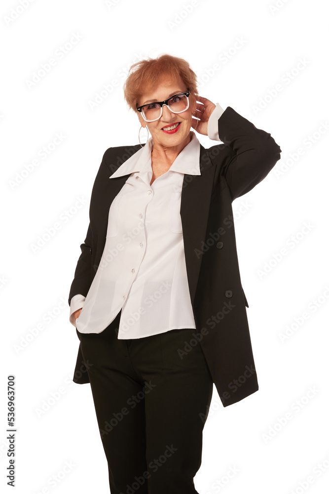 Portrait of confident senior executive manager. Stylish middle age woman in black business suit posing isolated on white background Portrait of confident senior executive manager. Stylish middle age woman in black business suit posing isolated on white background