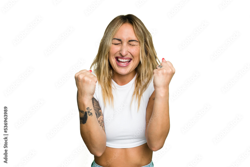 Young caucasian woman isolated on green chroma background cheering carefree and excited. Victory concept. Young caucasian woman isolated on green chroma background cheering carefree and excited. Victory concept.