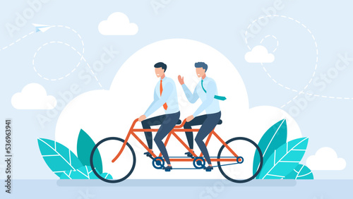 Two businessman riding tandem bicycle to goal. Teamwork concept. Two joyful men riding tandem bicycle flat vector. Happy friends spends time together and travel on bike. Flat Vector Illustration
