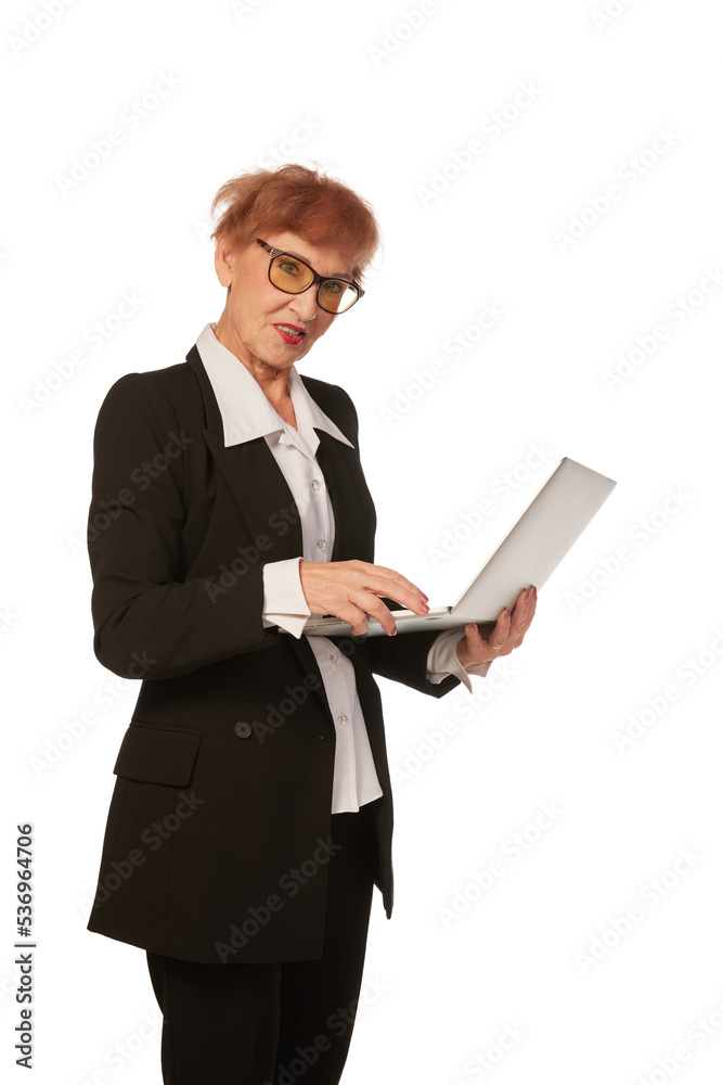 Portrait of confident senior executive manager. Stylish middle age woman in black business suit posing isolated on white background Portrait of confident senior executive manager. Stylish middle age woman in black business suit posing isolated on white background