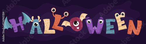 Halloween Vector Lettering. Holiday lettering for banner, poster, greeting card, party invitation. Scary Monster font with eyes, wings, mouth.