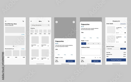 Cafe coffee day UI UX design template with Coffee menu page, cup size, add to cart. beverages ordering UI design.
