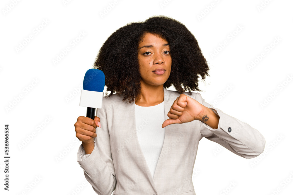 Young TV presenter African American woman with a microphone isolated showing a dislike gesture, thumbs down. Disagreement concept. Young TV presenter African American woman with a microphone isolated showing a dislike gesture, thumbs down. Disagreement concept.