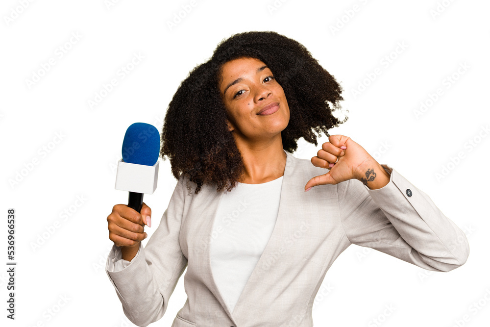 Young TV presenter African American woman with a microphone isolated feels proud and self confident, example to follow. Young TV presenter African American woman with a microphone isolated feels proud and self confident, example to follow.