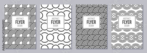 Set of flyers, posters, banners, placards, brochure design templates A6 size with circles, scale ornaments. Graphic design for greeting, invitation cards. Vector gray and white backgrounds.