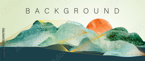 Abstract mountain and golden line arts background vector. Watercolor oriental style, green landscape, hills, sun with gold lines texture. Wall art suitable design for home decor, wallpaper, prints. 