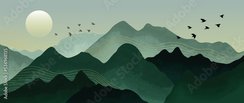 Abstract mountain and golden line arts background vector. Watercolor oriental style, green landscape, birds hills with gold, curve lines texture. Wall art design for home decor, wallpaper, prints. 