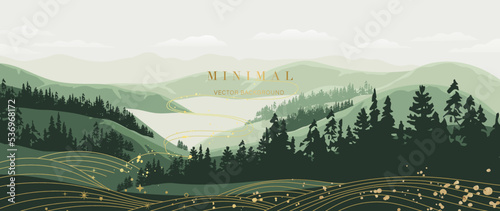 Abstract mountain and golden line arts background vector. Watercolor oriental style, landscape, sky, trees, hills with gold, curve lines texture. Wall art design for home decor, wallpaper, prints. 