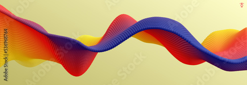 3D wavy background. Array with dynamic emitted particles. A wave formed from many spheres. Abstract vector illustration. Design template. Modern pattern.