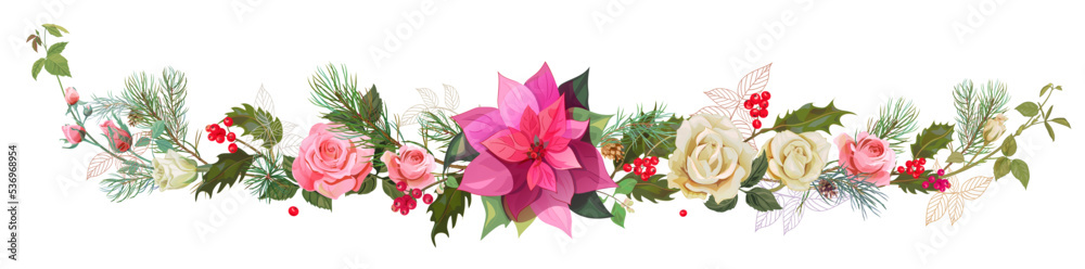 Panoramic view with roses, poinsettia flower (New Year Star), holly berry, pine branches, cones. Horizontal border for Christmas on white background, realistic digital draw, watercolor style, vector