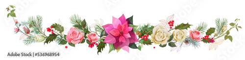 Panoramic view with roses  poinsettia flower  New Year Star   holly berry  pine branches  cones. Horizontal border for Christmas on white background  realistic digital draw  watercolor style  vector