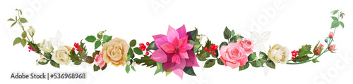 Panoramic view with white, pink roses, poinsettia flower (New Year Star), hol...