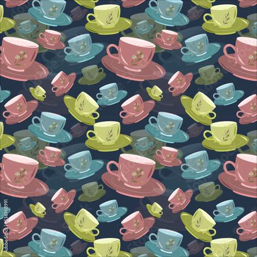 Seamless pattern of old rose, cadet blue, middle green yellow color tea cup and saucer on Prussian blue background. Colorful and creative design for textile pattern, wallpaper, interior decoration etc