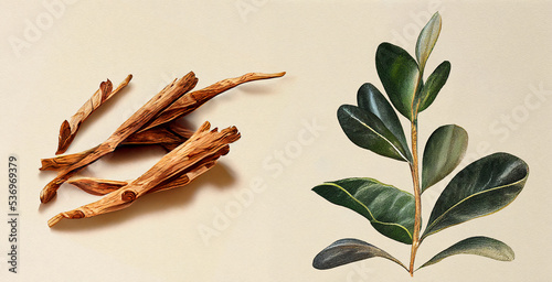 Sandal Wood (Santalum Album). Botanical illustration on white paper. The best medicinal plants, their effects and contraindications. Natural medicine. Plant properties