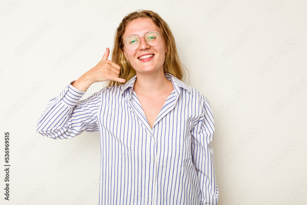 Young caucasian woman isolated on white background showing a mobile phone call gesture with fingers. Young caucasian woman isolated on white background showing a mobile phone call gesture with fingers.