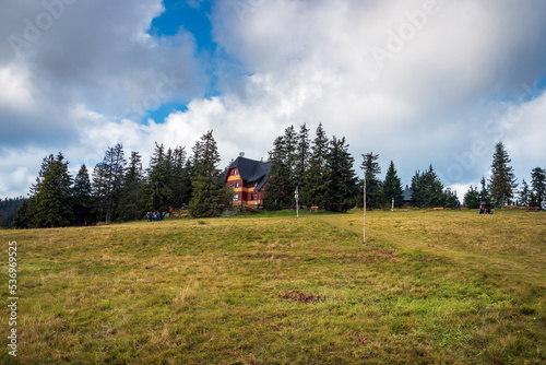 Fototapeta Naklejka Na Ścianę i Meble -  Mountain shelter in the Beskids in the Rysianka hall. Poland