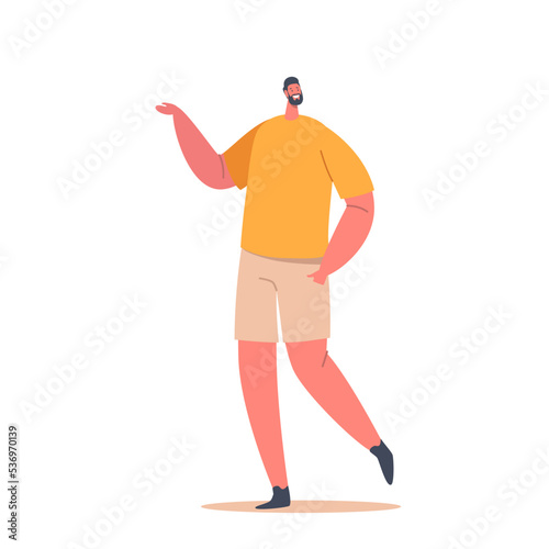 Single Male Character Wear Yellow T-shirt and Beige Shorts Isolated on White Background. Positive Fashioned Man