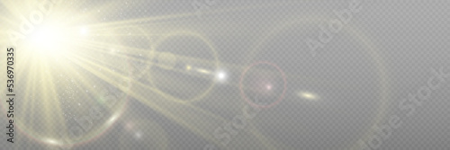 Special lens flash, light effect. The flash flashes rays and searchlight. illust.White glowing light. Beautiful star Light from the rays. The sun is backlit. Bright beautiful star. Sunlight. Glare.	