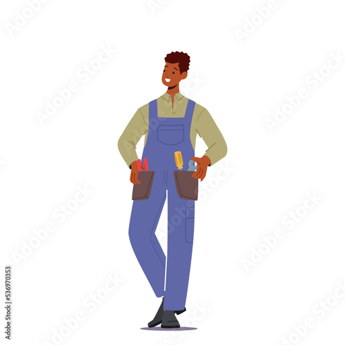 Worker, Handyman with Different Instruments in Pockets for Fixing and Maintenance Broken Technics, Isolated Master
