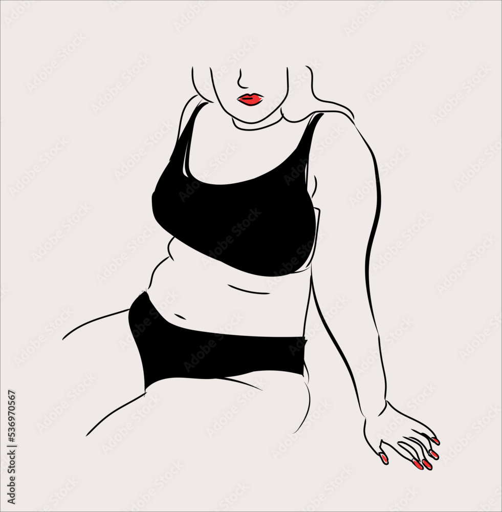 Beautiful plump girl. Minimalism art for social media, line art. Diverse  women in swimsuits. Vector illustration of chubby women in pink isolated.  Stock Vector | Adobe Stock