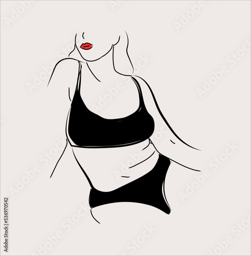 Beautiful plump girl. Minimalism art for social media, line art. Diverse women in swimsuits. Vector illustration of chubby women in pink isolated.