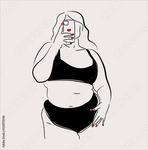 Beautiful plump girl. Minimalism art for social media, line art. Diverse women in swimsuits. Vector illustration of chubby women in pink isolated.