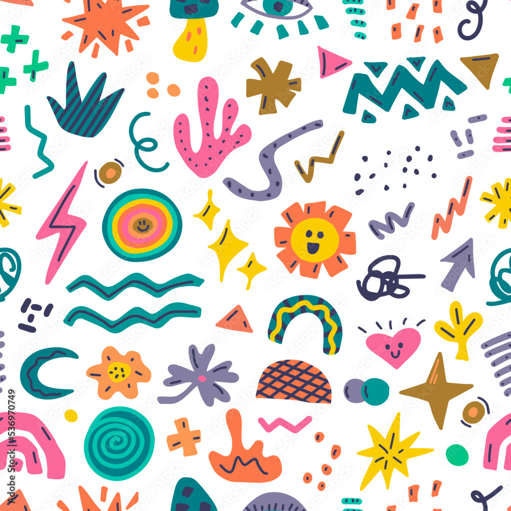 Set of colorful hand drawn doodles of different shapes, abstract elements for modern design, vector seamless pattern on white background Set of colorful hand drawn doodles of different shapes, abstract elements for modern design, vector seamless pattern on white background