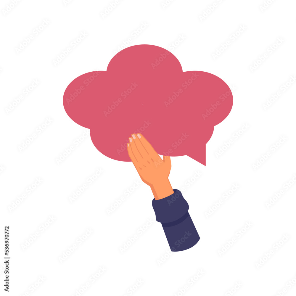 Hand holding chat or dialog bubble, isolated blank speech window with space for text. Empty feedback or review, balloon for thoughts. Vector in flat cartoon style