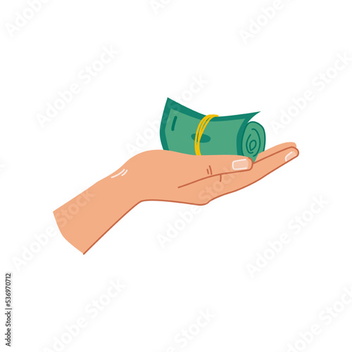 Hand holding dollar banknotes pile forming a roll. Isolated arm with money, financial success and wealth, paying or earning. Vector in flat cartoon style