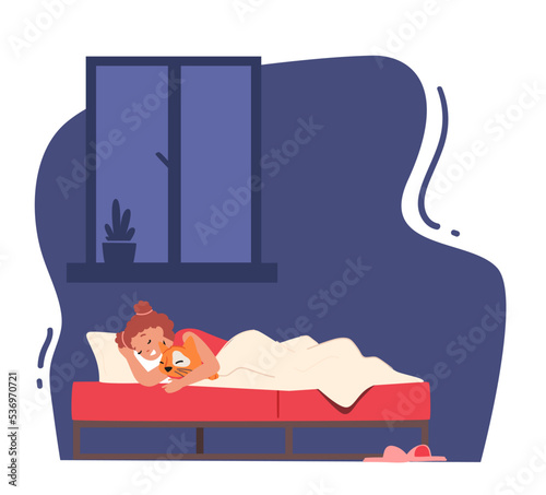 Kid Night Relaxation, Nap in Bedroom. Little Girl Sleeping on Bed Hugging Toy Side View. Relaxed Baby Character Lying