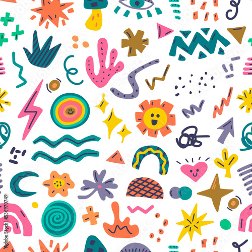 Set of colorful hand drawn doodles of different shapes, abstract elements for modern design, vector seamless pattern on white background
