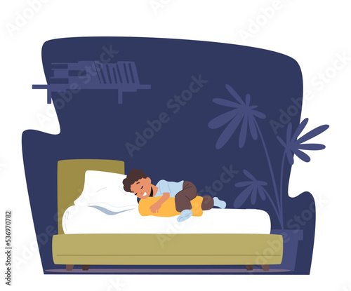 Child Night Relaxation. Kid Sleeping on Bed with Pillow between Legs Side View. Little Boy Lying in Relaxed Pose