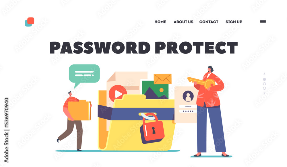 Password Protect Landing Page Template. Data Social Media Documents Security, Tiny Characters with Huge Folder and Key