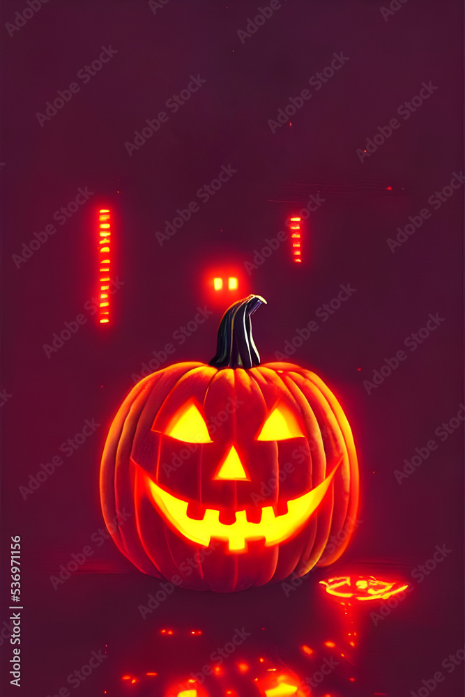 Fototapeta premium halloween pumpkin / jack-o-lantern with glowing neon light in a cyberpunk city at night - retrowave - neon noir - illustration - painting - concept art - science fiction - poster design