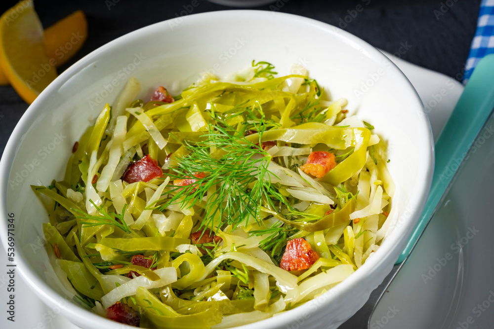 White cabbage with dill and diced bacon White cabbage with dill and diced bacon