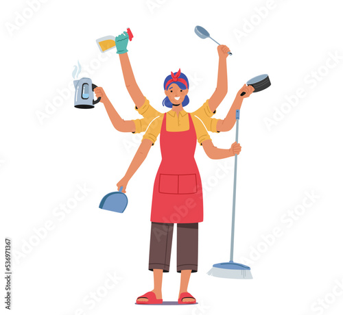 Housewife Character with Many Arms Holding Different Household Supplies Teapot, Scoop, Brush and Detergent with Pan