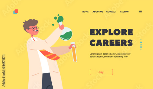 Explore Career Landing Page Template. Kid Holding Chemical Beaker, Scientist Child Character Conduct Experiment in Lab photo
