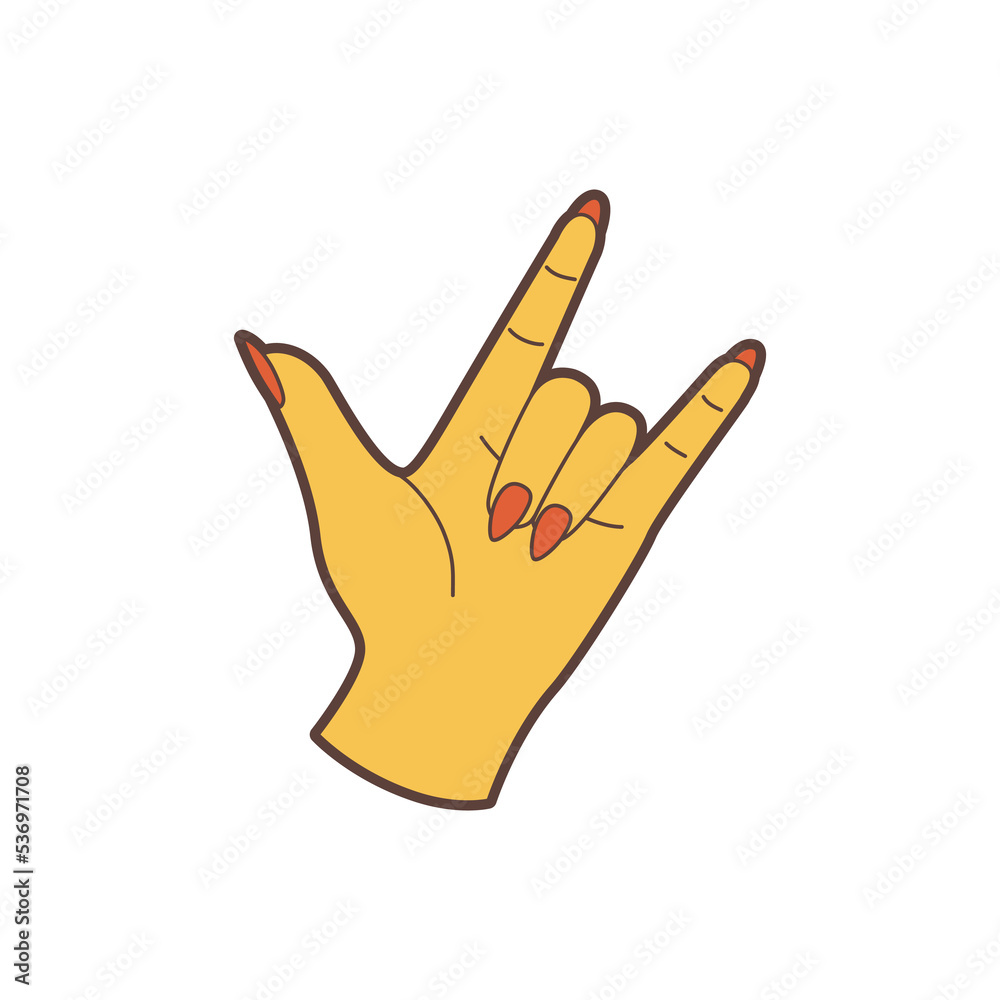 Vector hand in rock gesture. Two fingers up. Flat illustration.