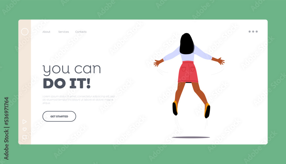 Fototapeta premium Woman Celebrate Success Landing Page Template. Happy Female Character Jump with Outspread Hands Rear View