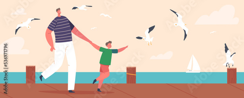 Young Father and Son Walk along Wooden Pier or Embankment with Seaview. Boy and Man Happy Family Characters Spare Time