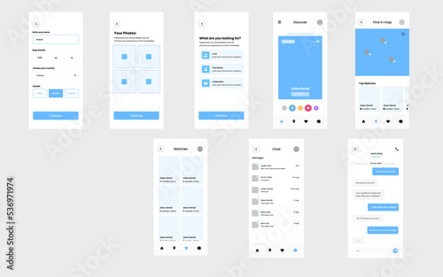 Online dating app Find your Soulmate design template for mobile apps, responsive website wireframes. vector illustration.