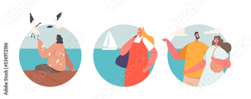 People Walk along Quay Isolated Icons or Avatars. Happy Male or Female Characters Walking at Embankment with Seaview