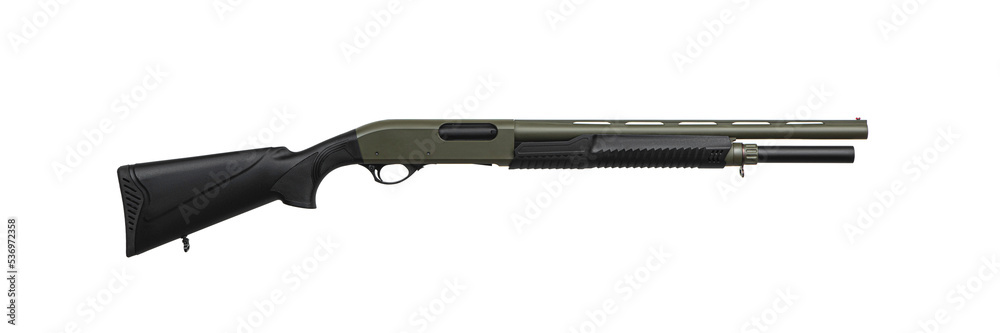 Pump-action 12 gauge shotgun  A smooth-bore weapon with a plastic stock. Khaki shotgun isolated on a white back.