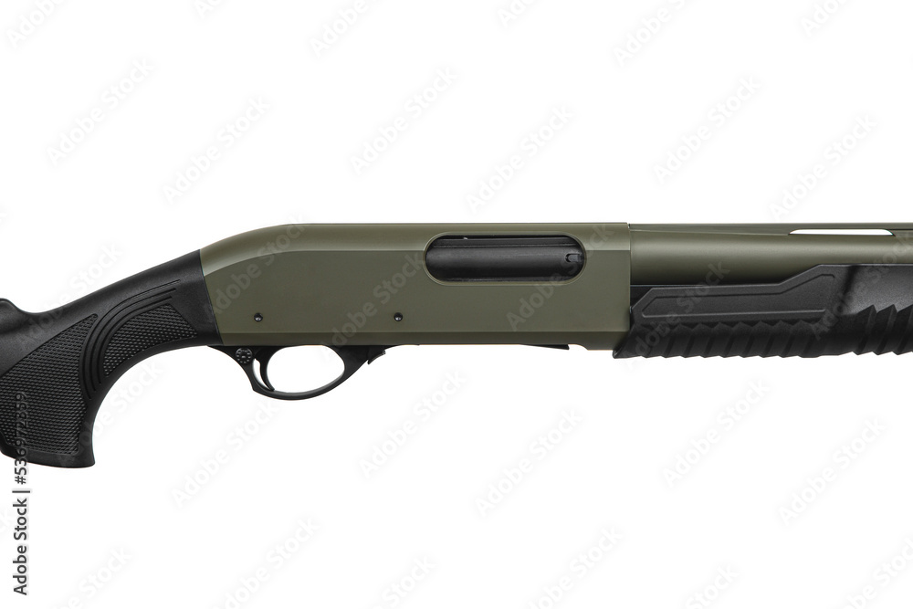 Pump-action 12 gauge shotgun  A smooth-bore weapon with a plastic stock. Khaki shotgun isolated on a white back.