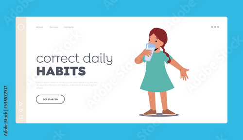 Body Hydration Landing Page Template. Little Girl Drinking Clean Water. Kid Character Enjoying Fresh Drink, Refreshment