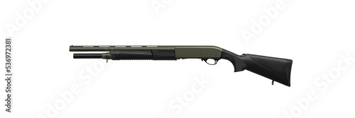 Pump-action 12 gauge shotgun A smooth-bore weapon with a plastic stock. Khaki shotgun isolated on a white back.