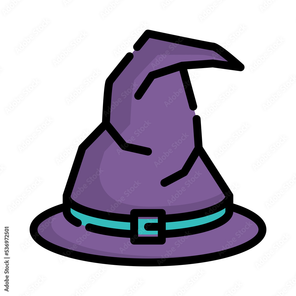Witch hat icon. Filled outline design. Wizard hat. Witch hat with belt. Witch hat icon. Filled outline design. Wizard hat. Witch hat with belt.